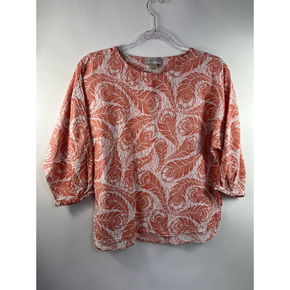 Loft Top Petites Women's Sz XXSP Orange Dolman Roll Tab 3/4‎ Sleeves Side Slits